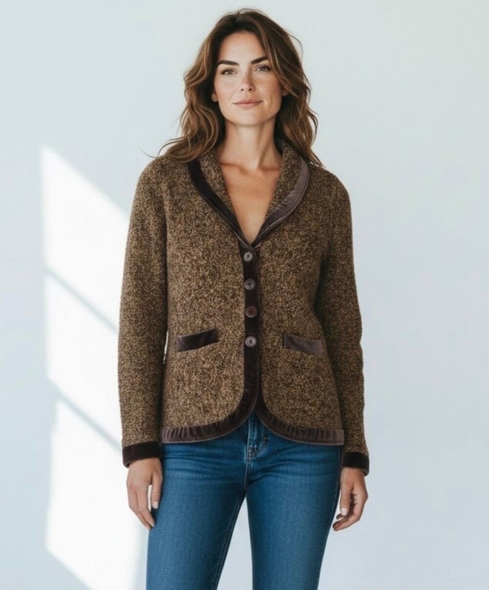 Anthropologie HWR Monogram Boucle Knit Sweater Blazer Jacket, Brown, Small
